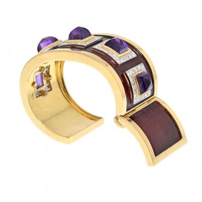 David Webb David Webb 18K Yellow Gold Bastille Purple Amethyst Red Enamel Diamond Bracelet