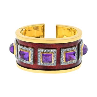 David Webb David Webb 18K Yellow Gold Bastille Purple Amethyst Red Enamel Diamond Bracelet