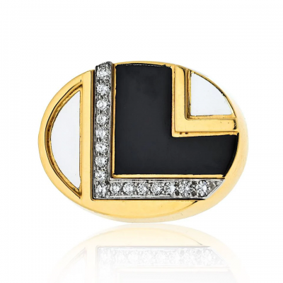 David Webb David Webb 18K Yellow Gold Black And White Enamel Diamond Ring