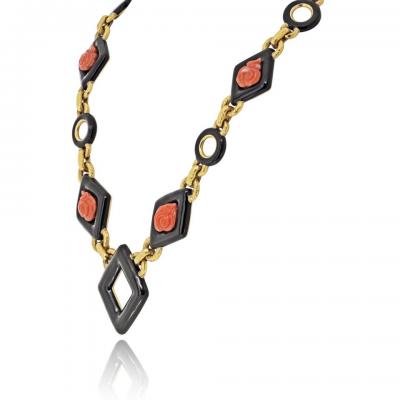 David Webb David Webb 18K Yellow Gold Black Enamel And Roses Coral Link Necklace