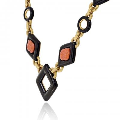 David Webb David Webb 18K Yellow Gold Black Enamel And Roses Coral Link Necklace