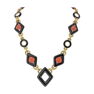 David Webb David Webb 18K Yellow Gold Black Enamel And Roses Coral Link Necklace