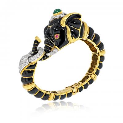 David Webb David Webb 18K Yellow Gold Black Enamel Elephant Bracelet