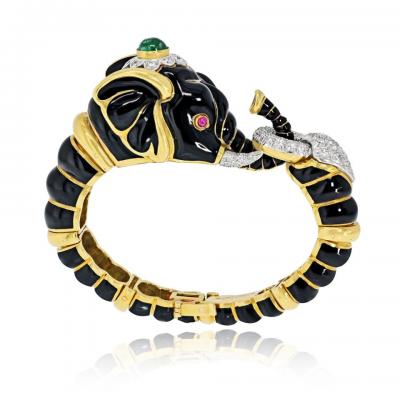 David Webb David Webb 18K Yellow Gold Black Enamel Elephant Bracelet