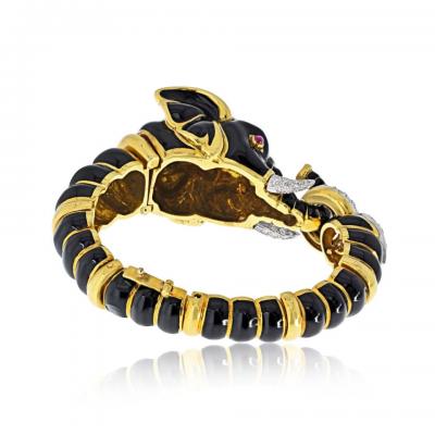 David Webb David Webb 18K Yellow Gold Black Enamel Elephant Bracelet