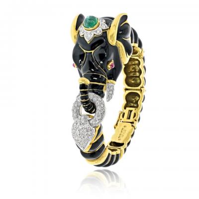 David Webb David Webb 18K Yellow Gold Black Enamel Elephant Bracelet