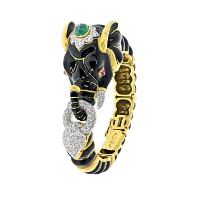 David Webb David Webb 18K Yellow Gold Black Enamel Elephant Bracelet
