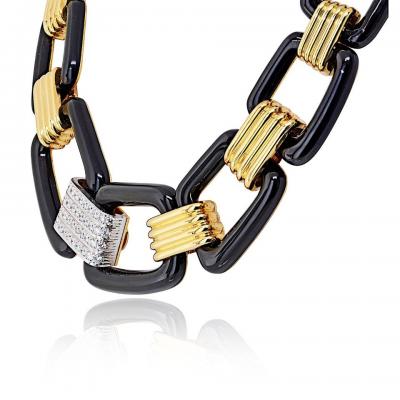 David Webb David Webb 18K Yellow Gold Black Enamel Large Link Gold Stations Necklace