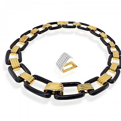 David Webb David Webb 18K Yellow Gold Black Enamel Large Link Gold Stations Necklace