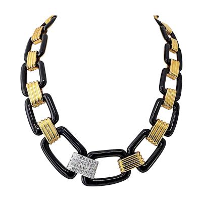 David Webb David Webb 18K Yellow Gold Black Enamel Large Link Gold Stations Necklace