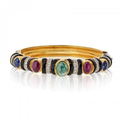 David Webb David Webb 18K Yellow Gold Black Enamel With Gemstones And Diamonds Bracelet