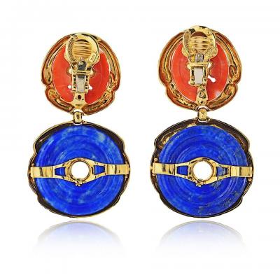 David Webb David Webb 18K Yellow Gold Lapis and Carved Coral Hammered Finish Earrings