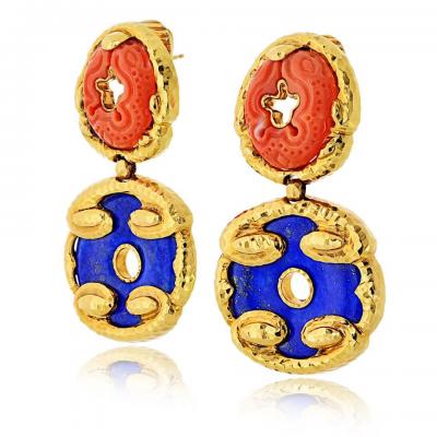 David Webb David Webb 18K Yellow Gold Lapis and Carved Coral Hammered Finish Earrings