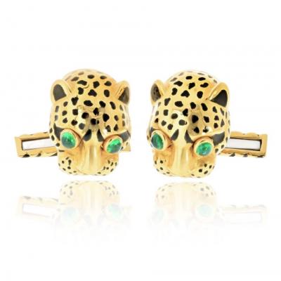 David Webb David Webb 18K Yellow Gold Leopard Emerald Eyes With Box Cuff Links