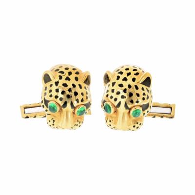 David Webb David Webb 18K Yellow Gold Leopard Emerald Eyes With Box Cuff Links