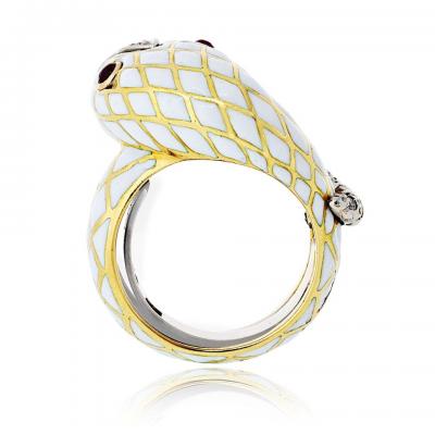 David Webb David Webb 18K Yellow Gold Snake Serpent White Enamel Ruby and Diamonds Ring