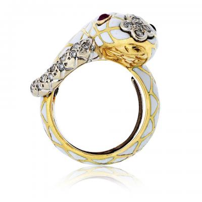 David Webb David Webb 18K Yellow Gold Snake Serpent White Enamel Ruby and Diamonds Ring