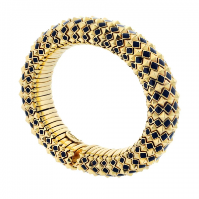 David Webb David Webb 18K Yellow Gold Spike Black Enamel Pyramid Slip On Bracelet