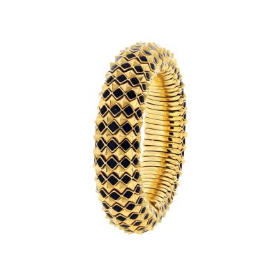 David Webb David Webb 18K Yellow Gold Spike Black Enamel Pyramid Slip On Bracelet