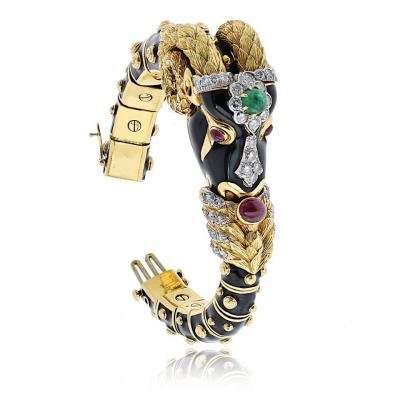David Webb David Webb 18K Yellow Gold Vintage Ram With Green Emerald And Diamonds Bracelet