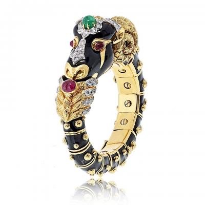David Webb David Webb 18K Yellow Gold Vintage Ram With Green Emerald And Diamonds Bracelet