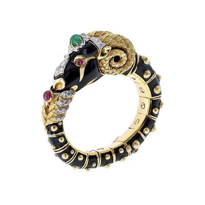 David Webb David Webb 18K Yellow Gold Vintage Ram With Green Emerald And Diamonds Bracelet