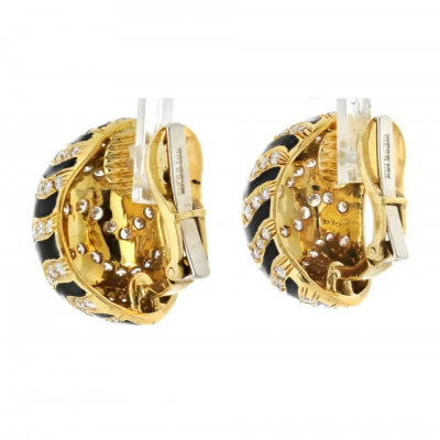 David Webb David Webb 18K Yellow Gold Zebra Style Pave Diamond Set Dome Clip On Earrings