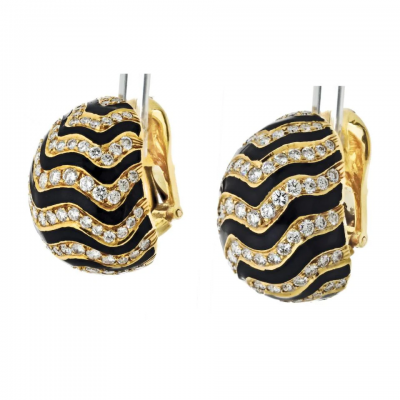 David Webb David Webb 18K Yellow Gold Zebra Style Pave Diamond Set Dome Clip On Earrings