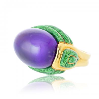 David Webb David Webb Amethyst 18K Yellow Gold Green Enamel Statement Cocktail Ring