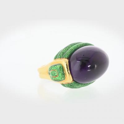 David Webb David Webb Amethyst 18K Yellow Gold Green Enamel Statement Cocktail Ring