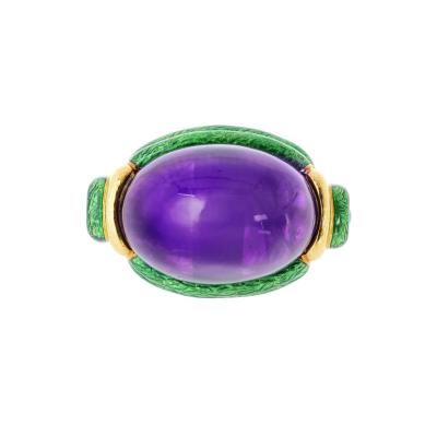David Webb David Webb Amethyst 18K Yellow Gold Green Enamel Statement Cocktail Ring