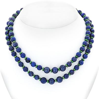 David Webb David Webb Bead Blue Lapis And Green Enamel Long Strand Necklace