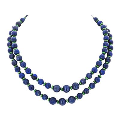 David Webb David Webb Bead Blue Lapis And Green Enamel Long Strand Necklace