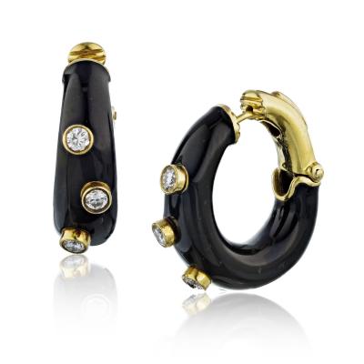 David Webb David Webb Black Enamel Diamond Hoop Earrings