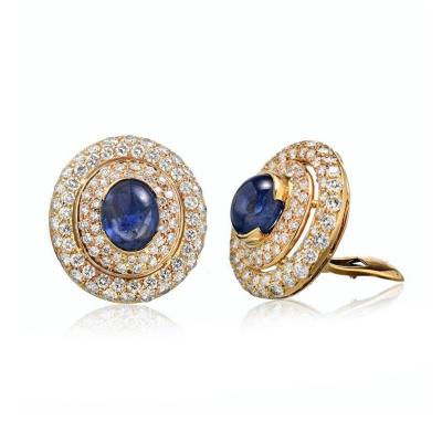 David Webb David Webb Blue Cabochon Sapphire and Diamond Pave Earrings
