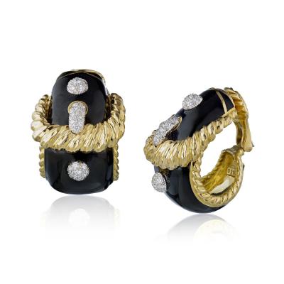 David Webb David Webb Buckle Black Enamel Diamond Earrings