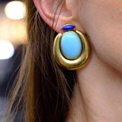 David Webb David Webb Cabochon Turquoise Lapis Clip on Earrings