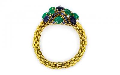David Webb David Webb Carved Emeralds Cabochon Sapphires Diamond Bracelet