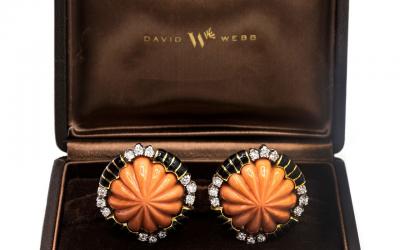 David Webb David Webb Coral Black Enamel And Diamond Earrings