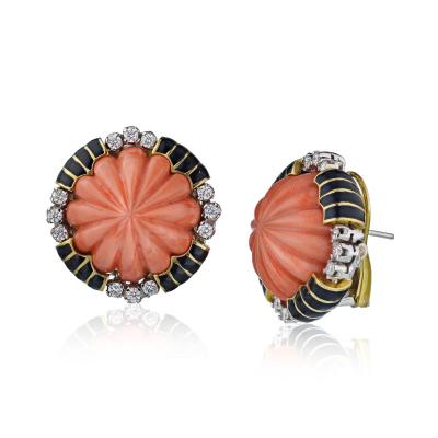 David Webb David Webb Coral Black Enamel And Diamond Earrings