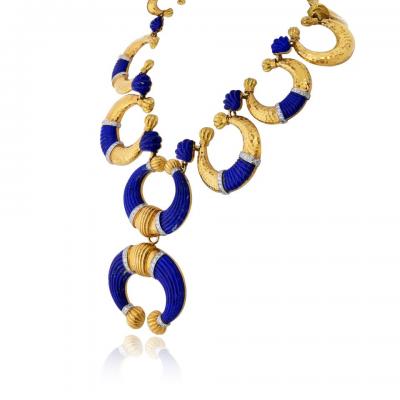 David Webb David Webb Crescent Platinum 18K Yellow Gold Carved Lapis Lazuli Necklace