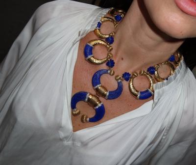 David Webb David Webb Crescent Platinum 18K Yellow Gold Carved Lapis Lazuli Necklace