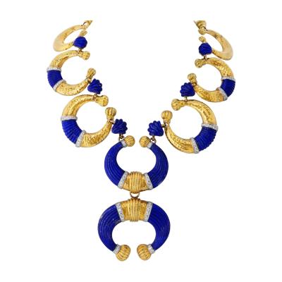 David Webb David Webb Crescent Platinum 18K Yellow Gold Carved Lapis Lazuli Necklace