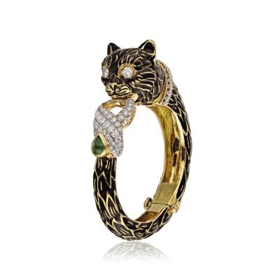 David Webb David Webb Emerald Diamonds Black Enamel Cat Bracelet