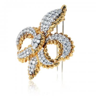 David Webb David Webb Fleur de lis Platinum 18K Yellow Gold 5 50cttw Round Diamond Brooch