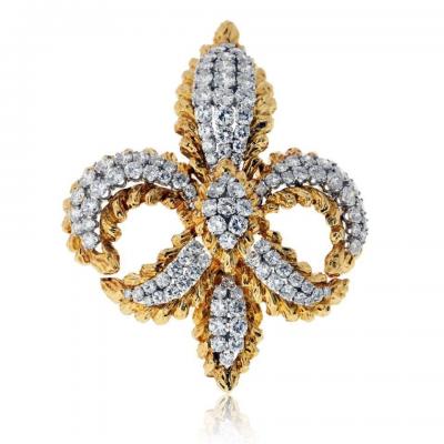 David Webb David Webb Fleur de lis Platinum 18K Yellow Gold 5 50cttw Round Diamond Brooch
