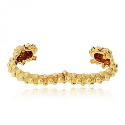 David Webb David Webb Frog 18K Yellow Gold Double Head Clamper Cuff Bangle Bracelet
