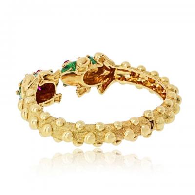 David Webb David Webb Frog 18K Yellow Gold Double Head Clamper Cuff Bangle Bracelet