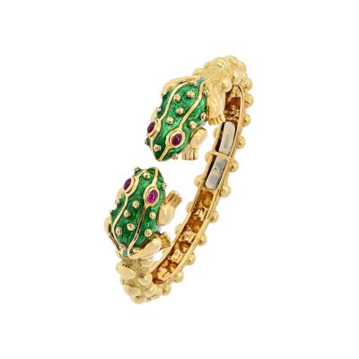 David Webb David Webb Frog 18K Yellow Gold Double Head Clamper Cuff Bangle Bracelet