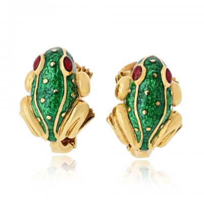David Webb David Webb Frog 18K Yellow Gold Green Enamel Clip On Earrings